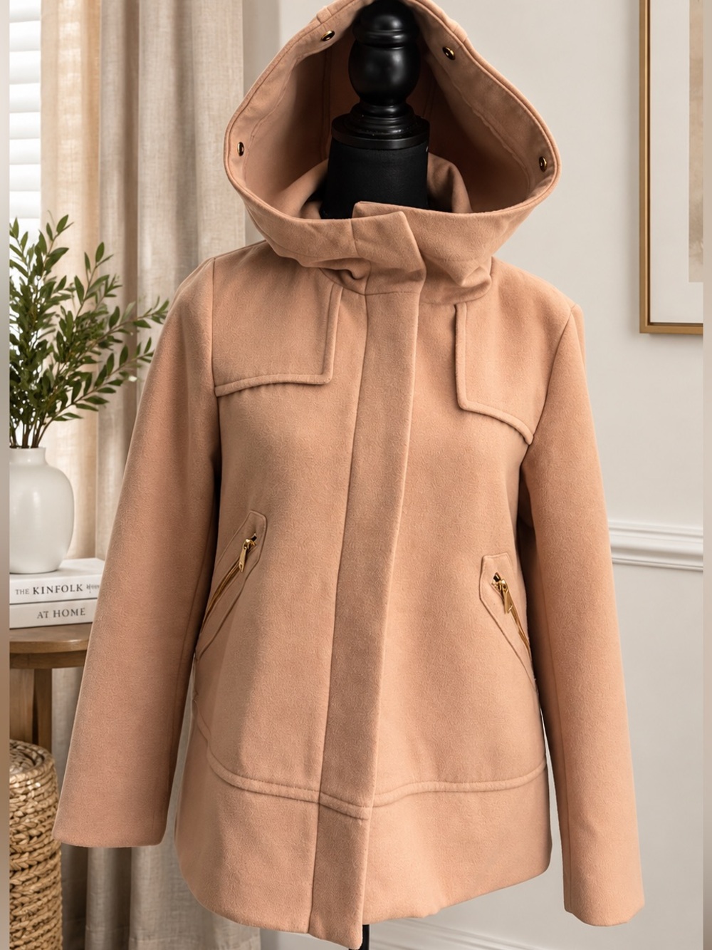 Zara Camel Hooded Pea Coat with Gold Zippers